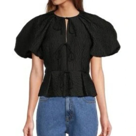 Antonio Melani Black Puff Sleeve Peplum Blouse - Picture 2 of 5